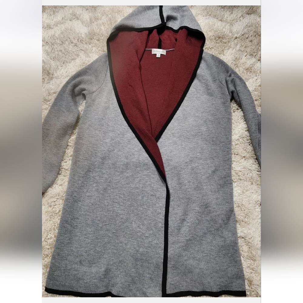 Womens Neiman Marcus Gray Burgundy Hooded Long Duster Cardigan Sweater Small